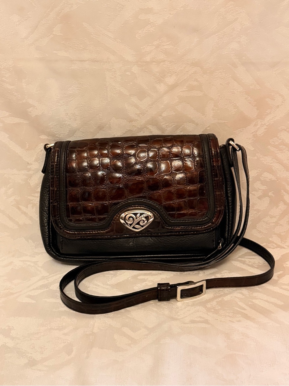 Brighton Women’s Brown Croc-Embossed Leather Crossbody Bag, “Eve’s Delight”